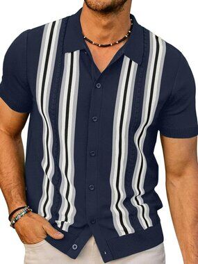 Men's Navy Blue Vintage Striped Knit Button-Down Beach Short Sleeve Shirt